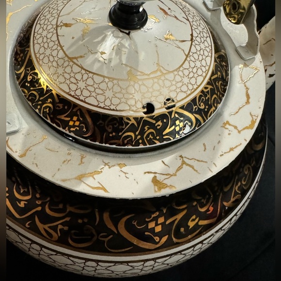 Ornate Unique Arabic Style Tea Kettle Black Cream Gold Patterned Vintage Look - Picture 4 of 16